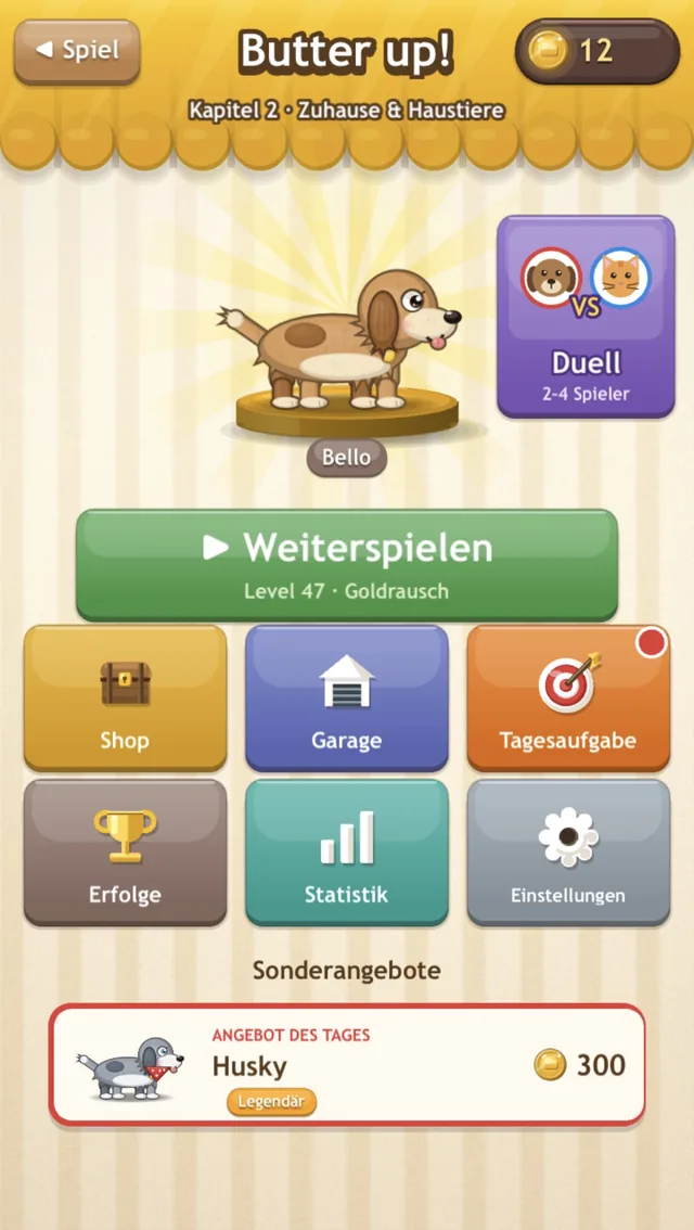 Hauptmenü: Hund Bello und der Knopf Weiterspielen.