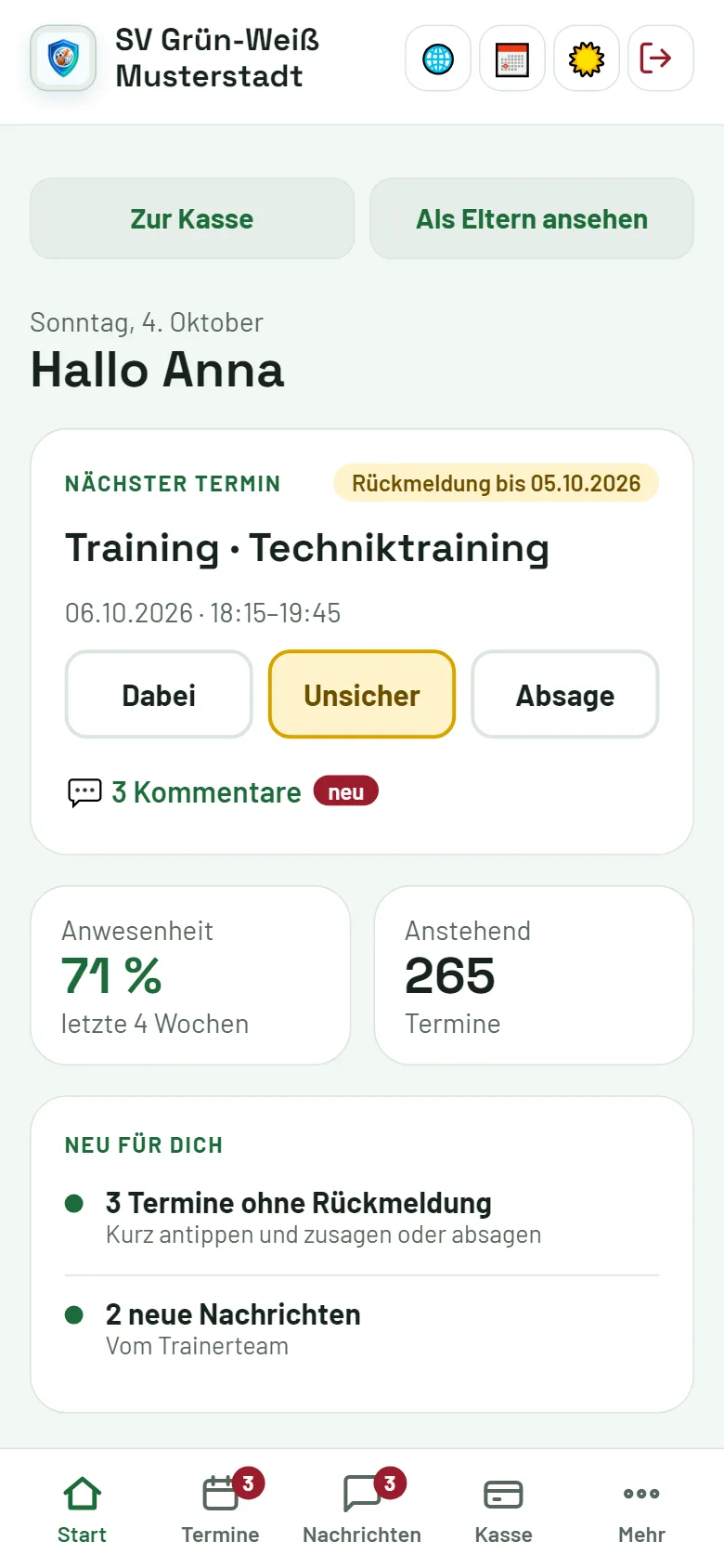 Termine: VIVUNEA-Spielerübersicht mit Trainingstermin und Rückmeldungen.